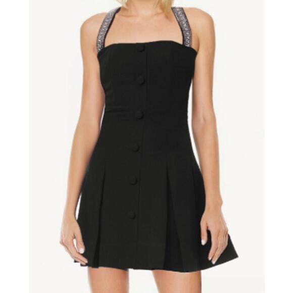 Jewel Badgley Mischka Size 12 Black Rhinestone Neck Halter Cocktail Mini Dress - Picture 1 of 11